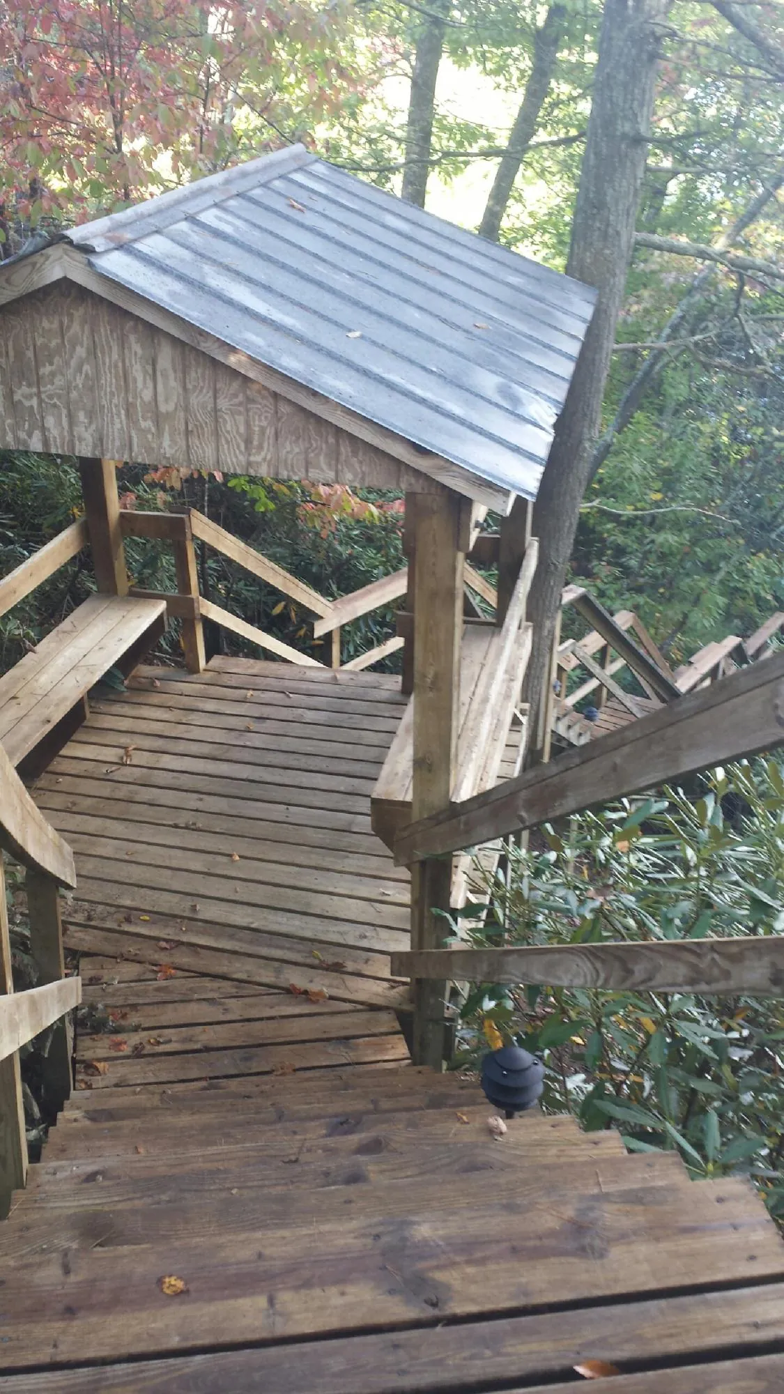 Metal roofed shelter over wooden steps on a wooded walkway — Skylight Repair & Installation work by our crew in Decherd
